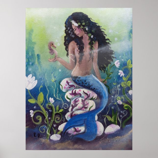 Mermaid on the Rocks with seahorse Poster (Front)