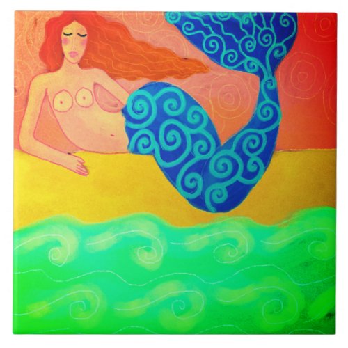 Mermaid on the Shore Abstract Painting Ceramic Tile
