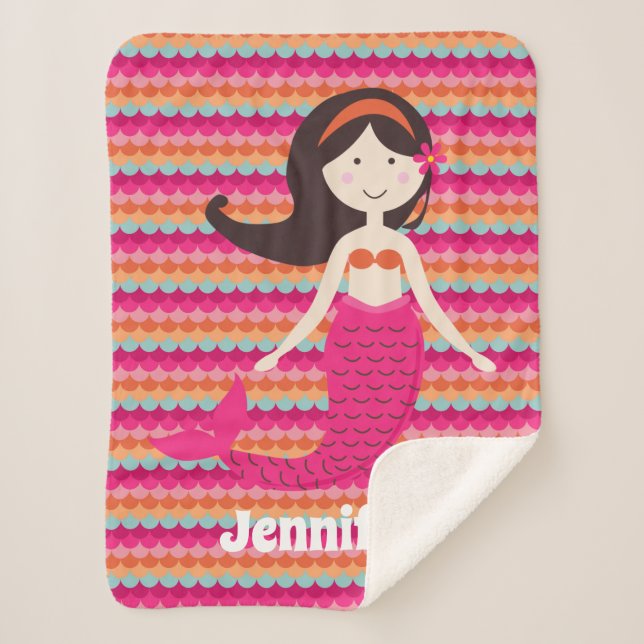 Mermaid on Tropical Shell Pattern Sherpa Throw (Front)