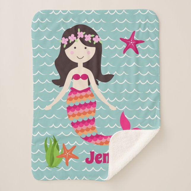 Mermaid on Waves Pattern Sherpa Throw (Front)