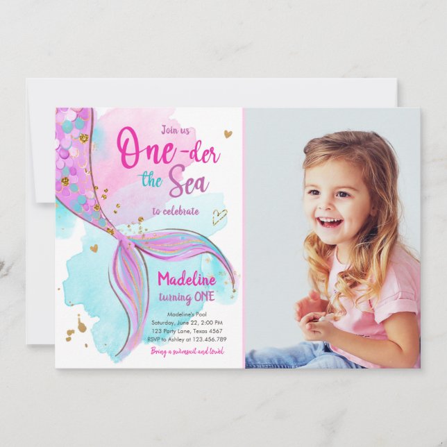 Mermaid One the Sea Pool Party Girl First Birthday Invitation (Front)