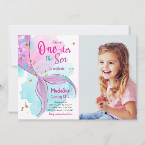 Mermaid One the Sea Pool Party Girl First Birthday Invitation