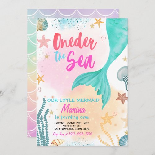 Mermaid One the Sea Pool Party Girl First Birthday Invitation