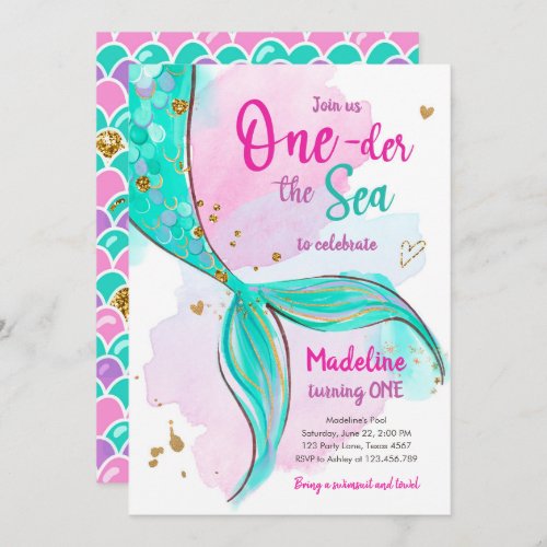 Mermaid One the Sea Pool Party Girl First Birthday Invitation