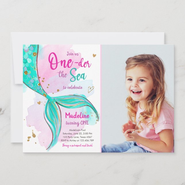 Mermaid One the Sea Pool Party Girl First Birthday Invitation (Front)