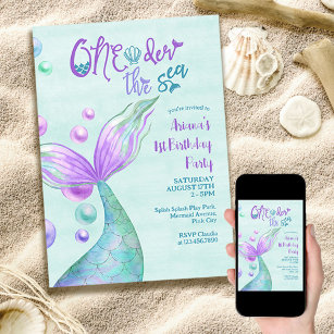 One-der the Sea First Birthday Invitation, Ocean Theme, Underwater Theme.  Pearl. Ocean Animals, Gender Neutral 