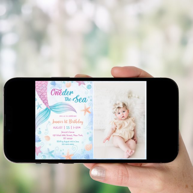Mermaid Oneder The Sea 1st Birthday Party Photo Invitation (Front Digital)