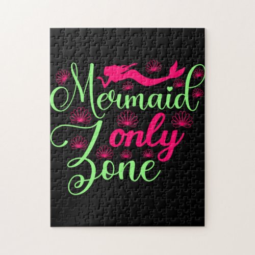 Mermaid Only Zone in Hot Pink and Neon Green Jigsaw Puzzle