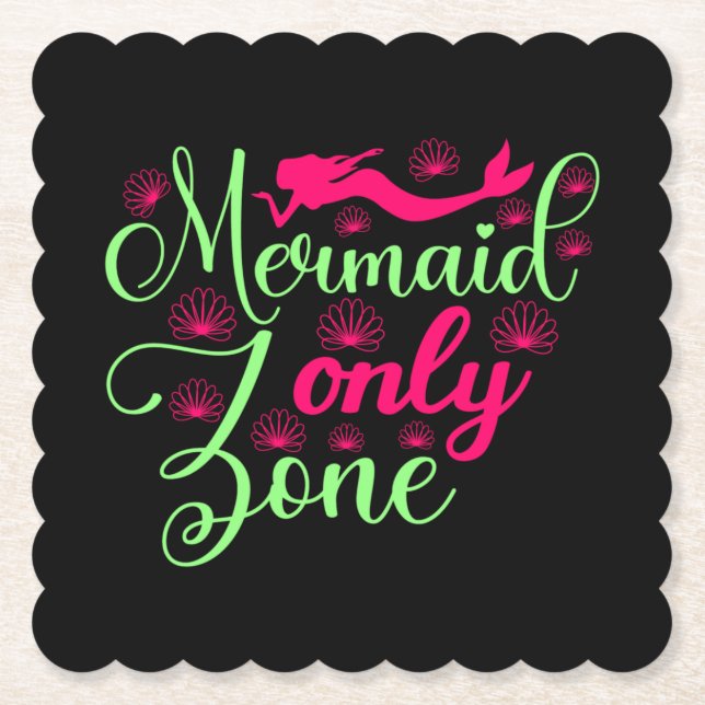 Mermaid Only Zone in Hot Pink and Neon Green Paper Coaster (Front)