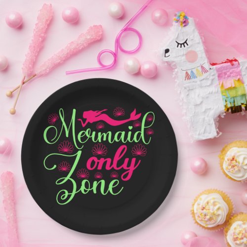 Mermaid Only Zone in Hot Pink and Neon Green Paper Plates