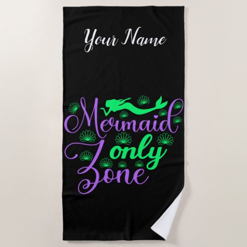 Mermaid Only Zone in Neon Green and Purple Beach Towel