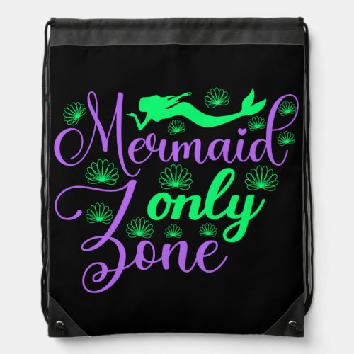 Mermaid Only Zone in Neon Green and Purple Drawstring Bag