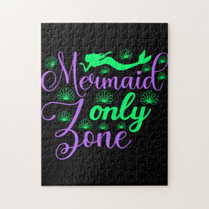 Mermaid Only Zone in Neon Green and Purple Jigsaw Puzzle