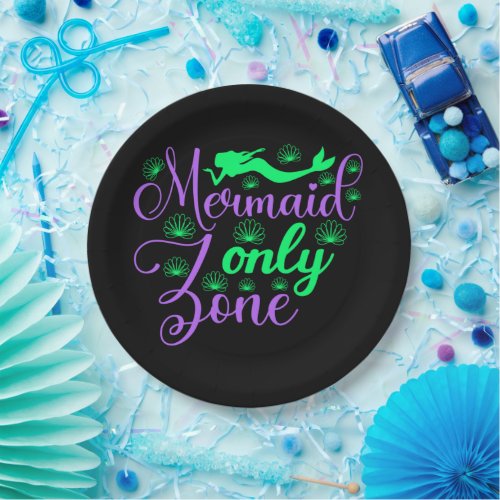 Mermaid Only Zone in Neon Green and Purple Paper Plates