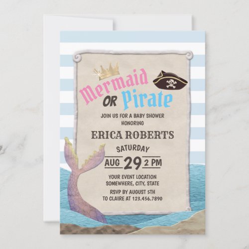 Mermaid or Pirate Blue Stripes Baby Shower Invitation
