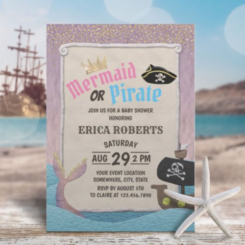 Mermaid or Pirate Cute Purple Pink Baby Shower Invitation