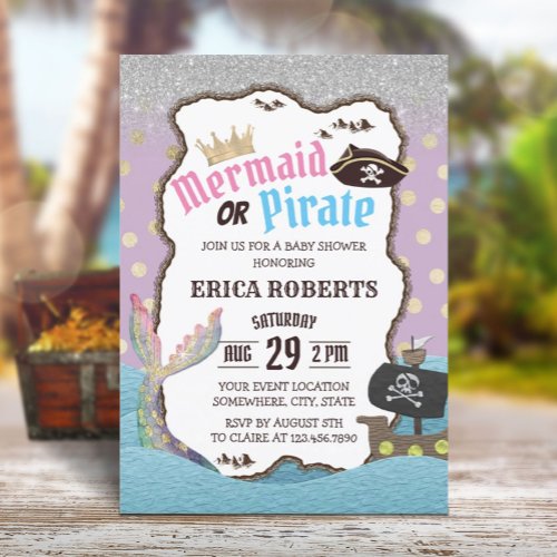 Mermaid or Pirate Purple  Gold Dots Baby Shower Invitation