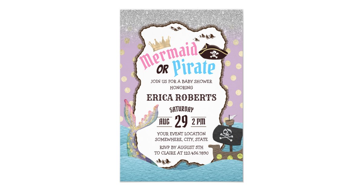 Mermaid Or Pirate Purple Gold Dots Baby Shower Invitation