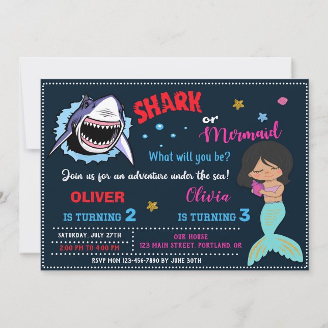 Mermaid or Shark birthday invitation Shark attack (Front)