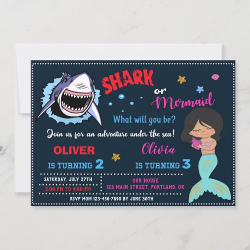 Mermaid or Shark birthday invitation Shark attack