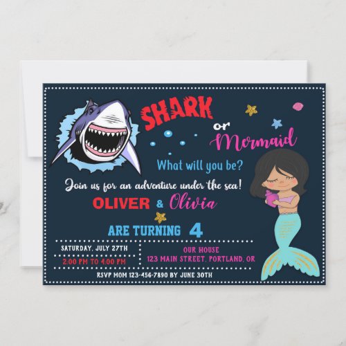 Mermaid or Shark birthday invitation Shark attack