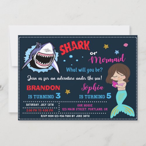 Mermaid or Shark birthday invitation Under the sea