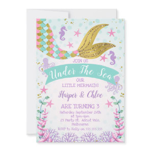 Mermaid Or Under The Sea Joint Twins Birthday Invitation
