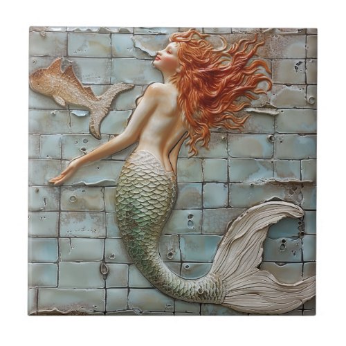 Mermaid Orange Hair Mosaic 3D Effect Ceramic Tile