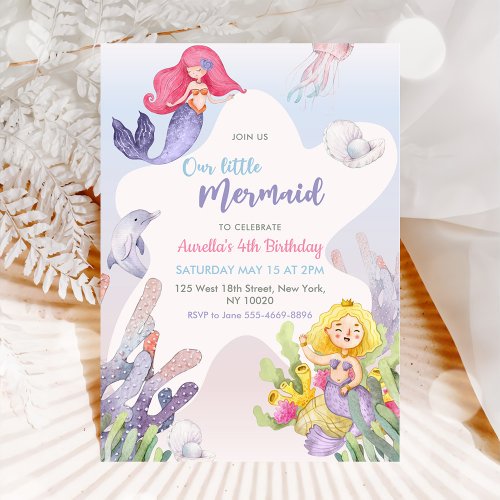 Mermaid Our Little Mermaid 4th Birthday Party Invitation