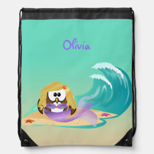 mermaid owl drawstring bag