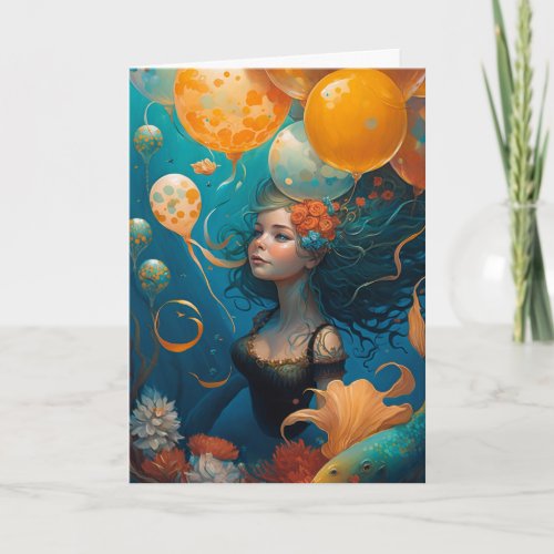 Mermaid  Painting Birthday Balloons  Card