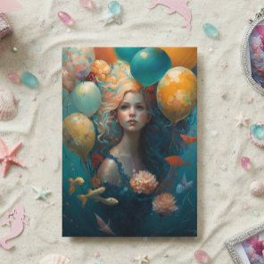 Mermaid  Painting Birthday Balloons  Card