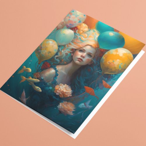 Mermaid  Painting Birthday Balloons  Card