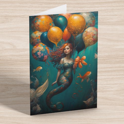 Mermaid  Painting Birthday Balloons  Card