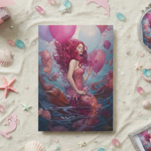 Mermaid  Painting Birthday Balloons Pink Card