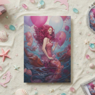 Mermaid  Painting Birthday Balloons Pink Card