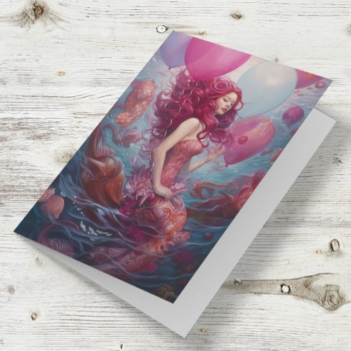 Mermaid  Painting Birthday Balloons Pink Card