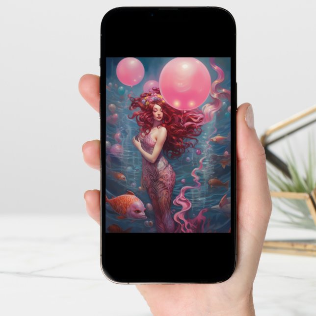 Mermaid  Painting Birthday Balloons Pink Card (Front Digital)