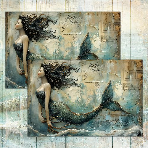 MERMAID PAINTING DISTRESSED MIXED MEDIA DECOUPAGE TISSUE PAPER