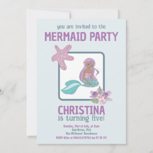 Mermaid Party Black Girl Birthday Teal Purple Invitation