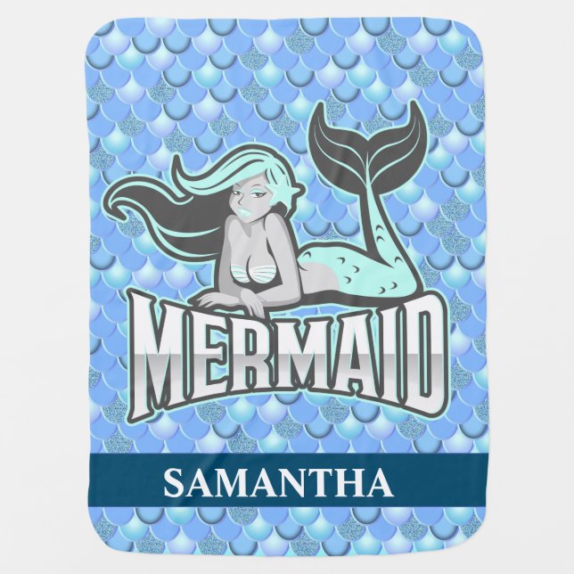 mermaid party blue baby blanket (Front)
