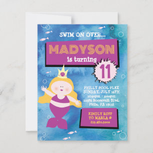 Mermaid Party Blue Tie Dye Sea Life Birthday Party Invitation