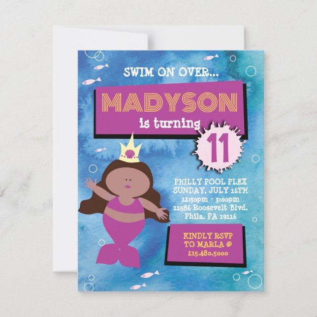 Mermaid Party Blue Tie Dye Sea Life Birthday Party Invitation (Front)