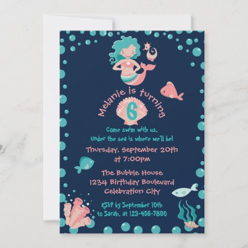 Mermaid Party  Girls 6th Birthday Party Invitation