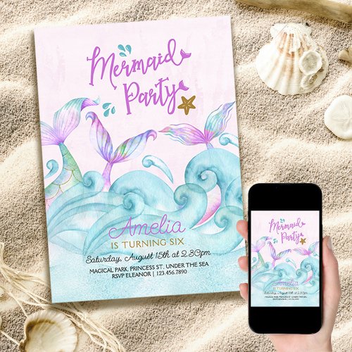 Mermaid Party Ocean Waves Pink Birthday Invitation