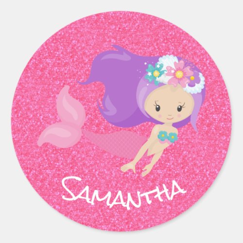 Mermaid Party Pink Glitter  Classic Round Sticker