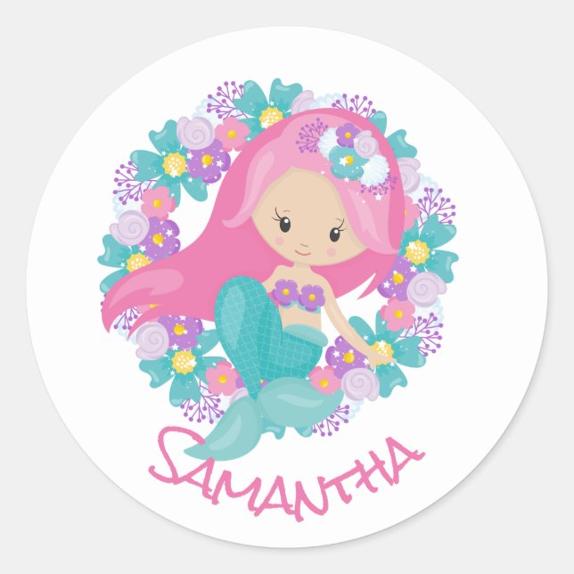 Mermaid Party Purple Classic Round Sticker (Front)