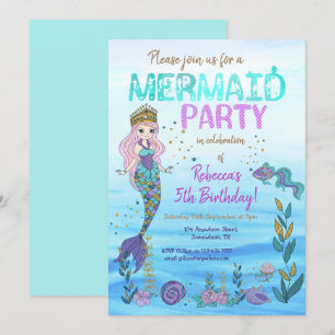 Mermaid Party Purple Teal Glitter Birthday Invitation
