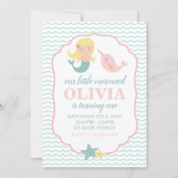 Mermaid Pastel Pink first birthday party Invitation