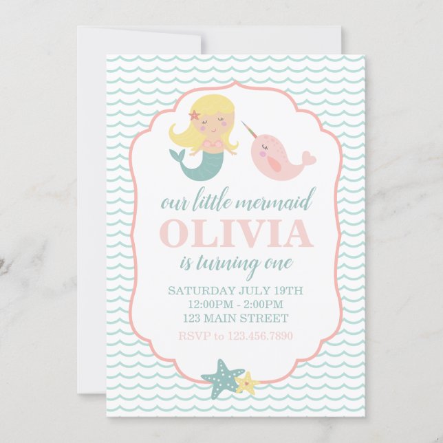 Mermaid Pastel Pink first birthday party Invitation (Front)